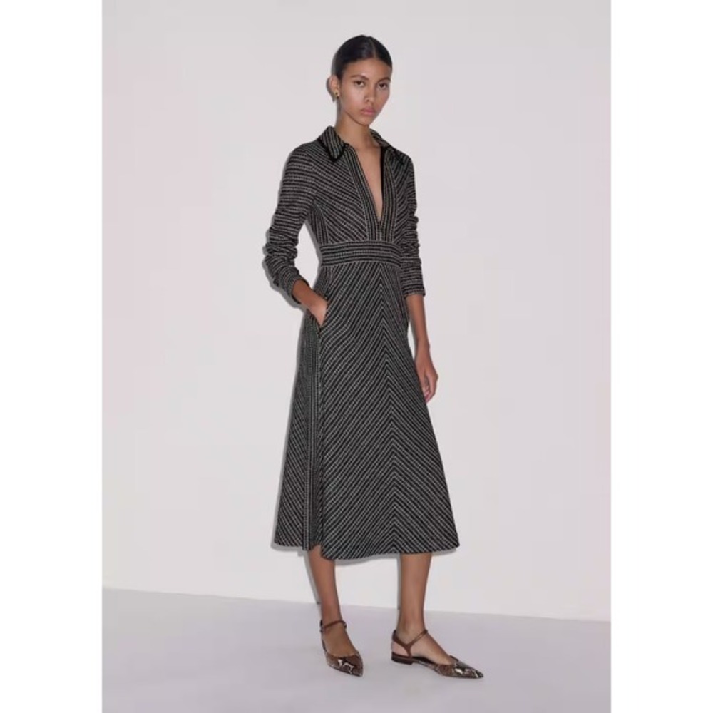 ME+EM Stripe AM-PM Tweed Jersey Midi Dress Black Multi Size 8 New With Tags